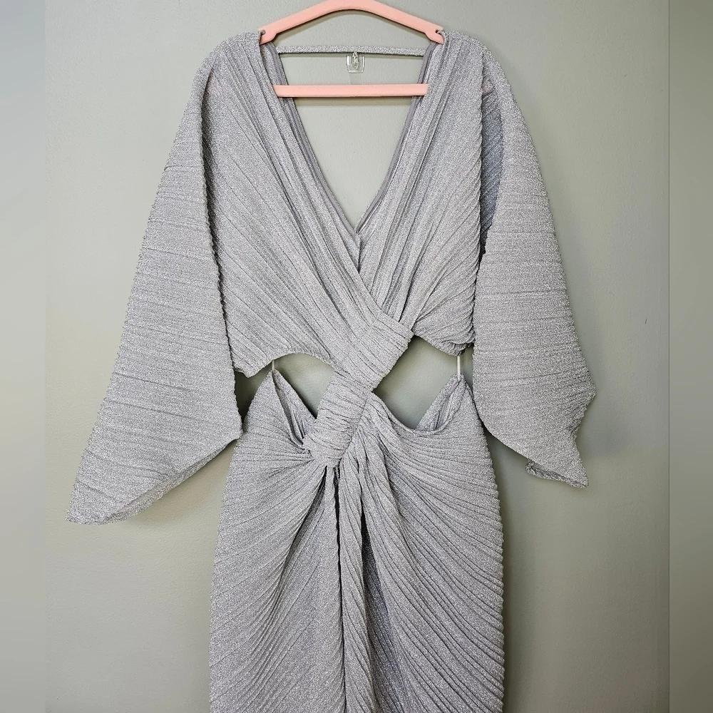 SUBOO Stevie Pleated Cross-Over Maxi Dress w Mini Shorts, Shimmer Gray, Medium
